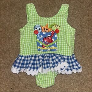 Mud Pie Green Gingham Baby Outfit with Blue Lining